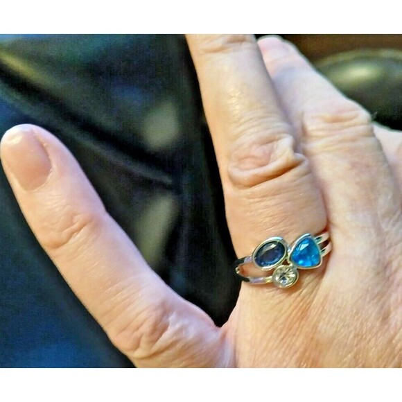 Silver 3 Three Blue Clear Stone Ring Size 8 Triangle Oval - Picture 2 of 9